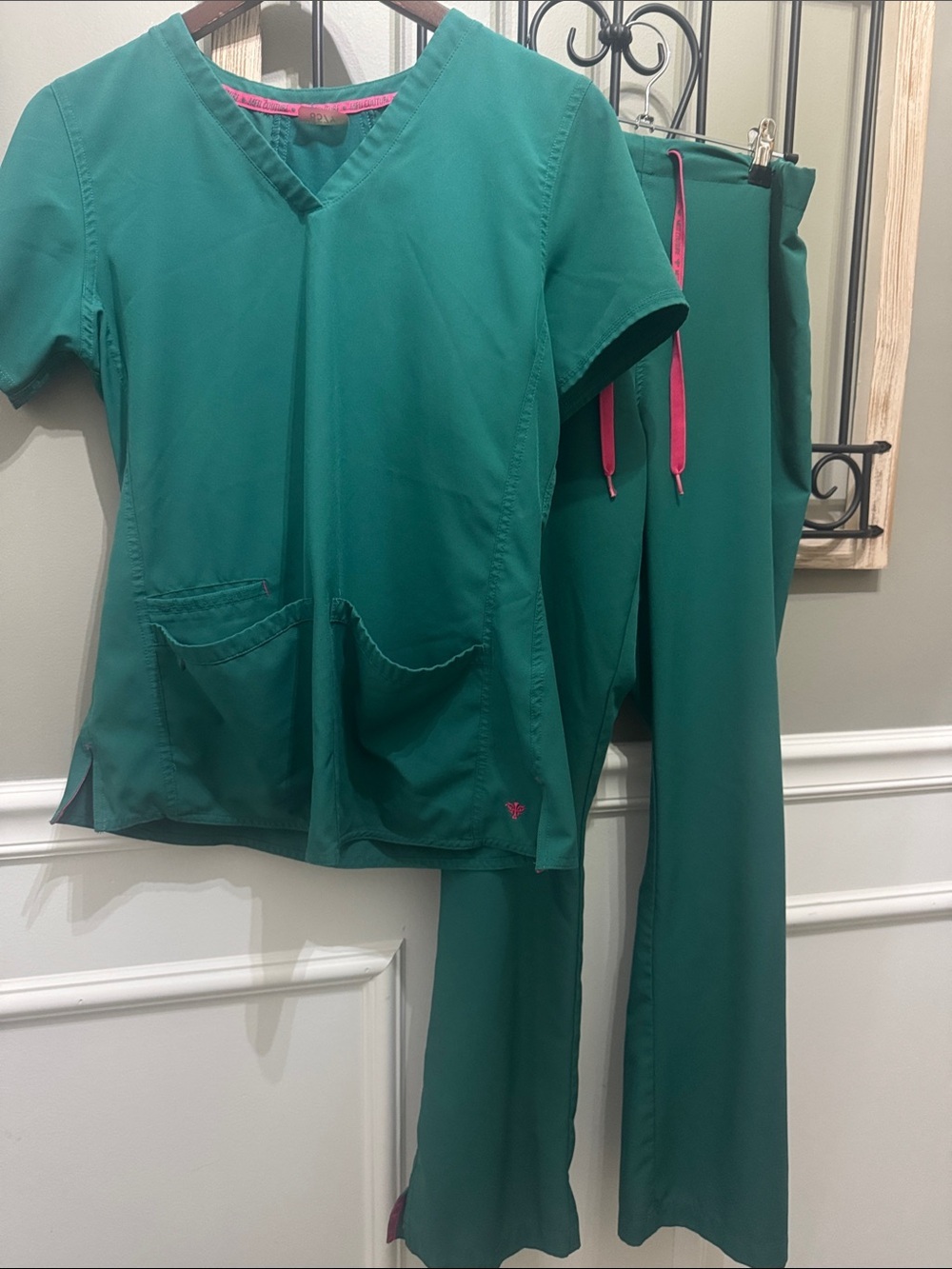 Med Couture  Green Scrub Set with Pink Accents Uniform M